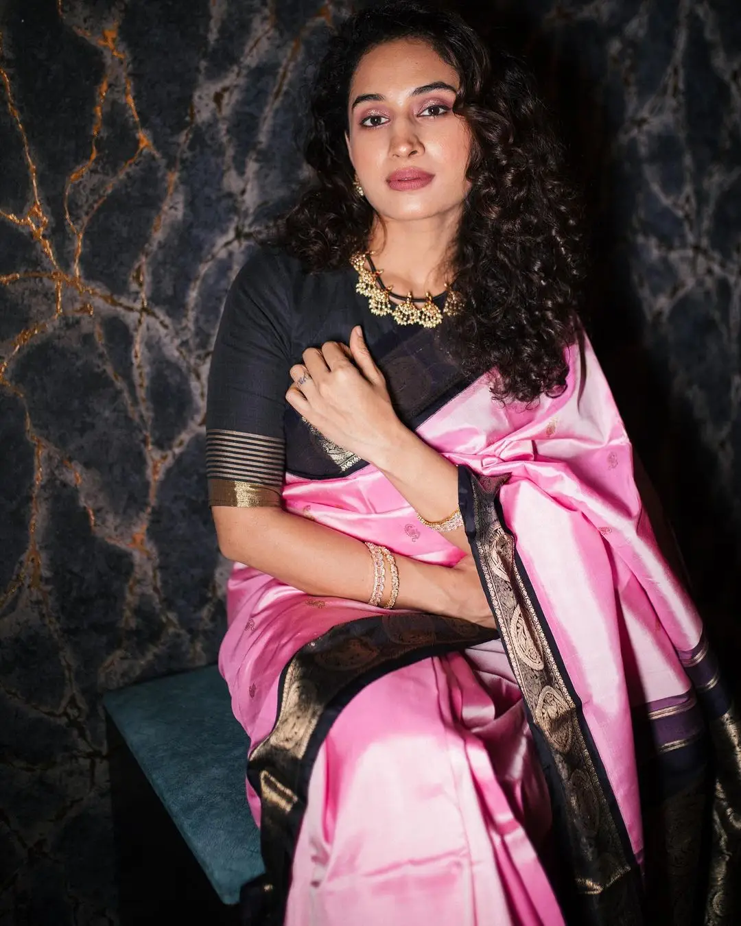 Pooja Ramachandran Stills in Pink Saree Black Blouse